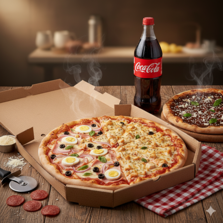Pizza Familia Portuguesa + Frango Catupiry + Chocolote P + Coca-Cola 1,5 Litros
