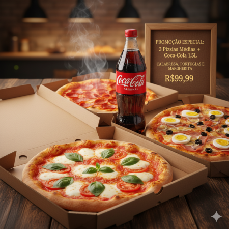 3 Pizzas Médias + Coca Cola Original 1,5l